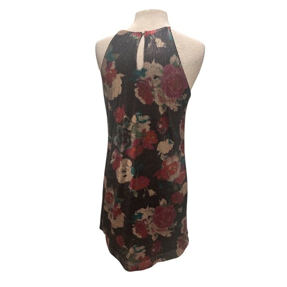 Floral Sequin Halter Dress Black Rose Print Sleeveless Party Dress Size M - Picture 3 of 7